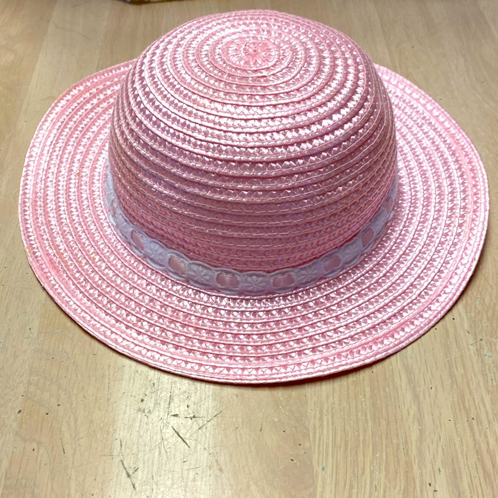 Vintage R.O.C. Toddler Girl 12-24 Months Pink Straw With White Lace/Pink Ribbon